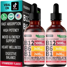 (2 Pack) Vitamin B12 and B6 Liquid Drops, B12 Sublingual Vitamin B Complex - B 12 Vitamin 5000mcg - B12 Methylcobalamin for Energy, Brain, and Heart Support with 27,200 mcg, Strawberry, 80 Servings