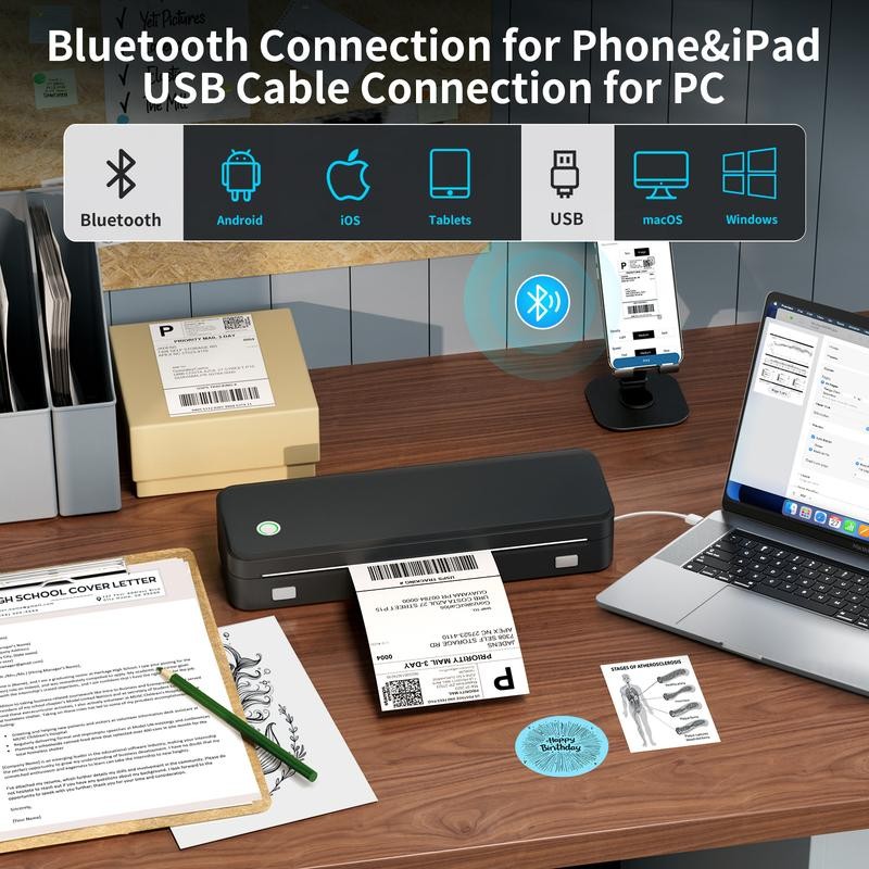 JADENS Portable Printer with 6 Rolls of Thermal Paper, Inkless