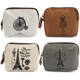 Pack of 4 Mini Canvas Purses, Small Purse for Women, Children, Bag with Zip and Pattern, Coin Purse, Vintage, Coin Purse, Mini, for Coins, Cards, Keys, 10.5 x 9 cm, multicoloured, vintage