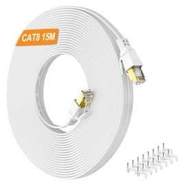 Nowunke Cat 8 LAN Kabel 15 meter Flach Netzwerkkabel 15m Ethernet Kabel Weiß Hochgeschwindigkeit 40Gbps 2000MHz Patchkabel, RJ45 Gigabit STP Geschirmt Wlan Internetkabel für Router Modem Switch