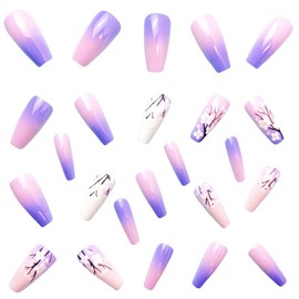Press on Nails Medium Coffin Pink Gradient Purple White Flower French Tip Fake Nails Medium Coffin with Designs Full Cover False Nails French Tip Glue on Nails Cute Acrylic Thick Stick on Nails for Women Nails Art 24Pcs Y513