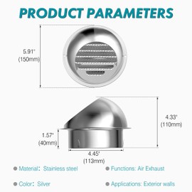 5 Inch Wall Vent Cover, HG Power Exhaust Vent with Screen Mesh, Stainless Steel Soffit Vents, Round Air Vent Covers for Outdoor Ventilation System 113mm, Silver