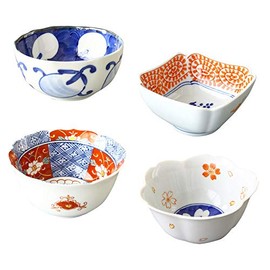 irodori Arita Ware Shop Specialty Dinnerware and Miscellaneous Goods, Small Bowl, Set of 4 Patterns, Diameter 3.7 x Height 2.0 inches (9.5 x 5 cm), Approx. 3.4 fl oz (100 ml), Made in Japan, Ceramic,