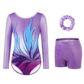 Gymnastics Leotards for Girls - Three-Piece Set with Sparkling Gradient Design, Long Sleeve Leotard, Shorts & Hairband for Ballet & Dance (Gradient Purple, Tag 8A(7-8 Years))