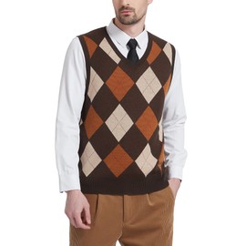 Kallspin Men's Big & Tall Argyle Sleeveless Jumpers Wool Blend Knitted Gilets V Neck Sweater Pullover Vest(Brown,3XL-Big & Tall)