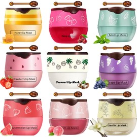 FNOLECY 9 PCS Bee Lip Balm Honey Pot, Strawberry Watermelon Cherry Coconut Peach Mint Grape Vanilla, Honey Lip Balm Bulk with Stick, Lip Mask Overnight Hydrating for Dry and Crack