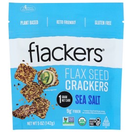 Flackers Organic Sea Salt Flaxseed Crackers, Gluten Free, Non GMO, Vegan, Keto Snack, 9g Fiber, 1g Net Carb, 5 Ounce (Pack of 6)