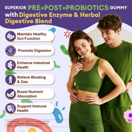 Sugar Free 5-in-1 Probiotic Prebiotic Postbiotic Gummy, 36 Strains Probiotics for Women Men with Digestive Enzymes, Peppermint, Complete Immune, Gut & Digestive Support, Vegan, 60 Ct, Grape Flavor