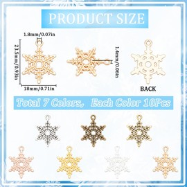 SUNNYCLUE 1 Box 70Pcs 7 Colors Alloy Snowflake Charm Metal Christmas Charms Bulk Antique Bronze Silver Golden Winter Holiday Xmas Snowflakes Charm for Jewellery Making Charms Earring DIY Crafts