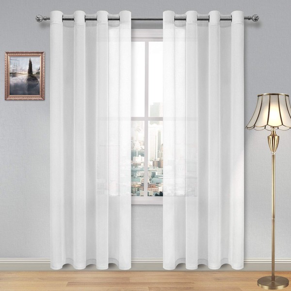 DWCN White Sheer Curtains Textured Semi Transparent Eyelet Top Decorative Voile Curtain for Living Bedroom, 52" Wide x 90" Drop, 2 Panels
