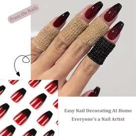 Red Black Gradient False Nails, 24pcs Ballet Press On Nails, Glossy Red False Nails Long, Natural Glue On Nails Acrylic Full Cover Stick On Nails For Women Girls