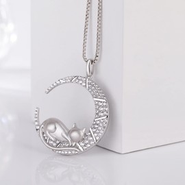 Jiahanzb 18 Carat Plated Chain Women's 925 Sterling Silver Cat Pendant Necklace for Women Jewellery for Her Wife Mum, Sterling Silver, Cubic Zirconia