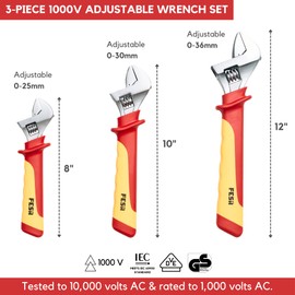FESA Insulated Adjustable Wrench Set - 3-Piece 1000V Insulated Tool Set with Storage Pouch - Includes 3 Adjustable Wrenches (8", 10" & 12") - 1000 Volt Tools for Electricians