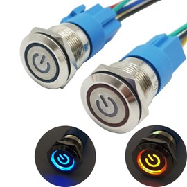 CESFONJER Latching Pressure Switch, LED Illuminated Push Button, Metal Push Switch, IP67 Button, on Stainless Steel 12 V LED Angel Eye Head for 16 mm 0.63 Inch Mounting Opening (Blue + Red) Pack of 2