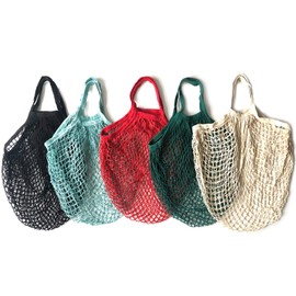 Pack of 5 Cotton Mesh Shopping Bags, Reusable Cotton Mesh Tote, Washable Cotton Mesh, for Travel, Camping, Picnic, Shopping, Storage, Cream, cream-coloured