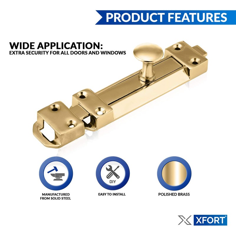 XFORT® 2 Pack Polished Brass Door Bolt, Surface Mounted Sliding