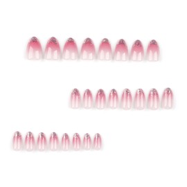 Short Press on Nails Oval Pink Gradient False Nails with Glitter Powder French Artificial Nails Full Cover Glossy Acrylic Nails Artificial Coffin Nails DIY Stick on Nails Set Glue on Nail for Women