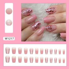 24Pcs Press on Nails Medium Coffin ,French Tip Fake Nails Medium with Gradient Pink Glitter Designs Full Cover Glossy Glue on Nails Thick Acrylic False Nails Medium Coffin Cute Stick on Nails for Women Girls W1217