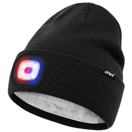 ATNKE LED Lighted Beanie Hat,USB Rechargeable 4 LED Red and Blue Flashed Run Headlamp Lined Fleece Cap for Men and Women/#Black