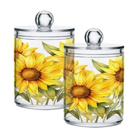 ALAZA 2 Pack Qtip Holder Sunflower Bouquet, Cotton Swab Dispenser with Lid Bathroom Containers Canister Organizer Storage Jar
