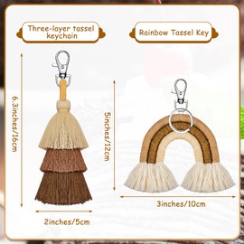 Hicarer 2 Pieces Boho Rainbow Keychains Pom Pom Tassel Macrame Keychains for Women(Creamy Colors)