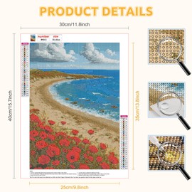 HEIBAGO 5D Diamond Painting Mohnblumen, Meeres Full Drill Diamant Painting Set Für Erwachsene, DIY Cross Embroidery Diamant Kunst Landschaft Diamond Art Bilder Für Home Dekor 30 * 40cm