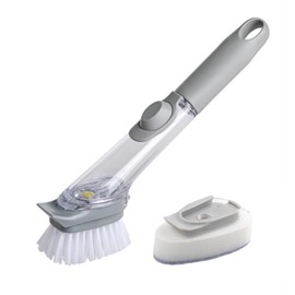 Soap Gray Dispensing Dish Brush With Buckle Sponge，Non-Scratch Kitchen Scrubber for Pots, Pans, Sink, Non-Stick Cookware, Built-In Scraper & Ergonomic Handle