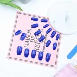 Allereya Long Coffin Print On Nails Blue Neon Fake Nails Shiny Ballerina Nails Full Cover Acrylic Nails French Clip On Nails Tips for Women and Girls 24 Pieces (Blue)