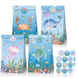 BACH AND BOUJEE 12 PCS Under the Sea Party Favor Gift Bags With Stickers Ocean Animals Treat Goodies Bags Birthday Party Decorations Turtle Whale Beach Theme Baby Shower