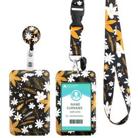 ID Card Holder with Strap, Retractable Card Holder, ID Card Holder with Rotating Lobster Clasp, for Women, Teachers, Nurses, Doctor, Students (White Flowers)