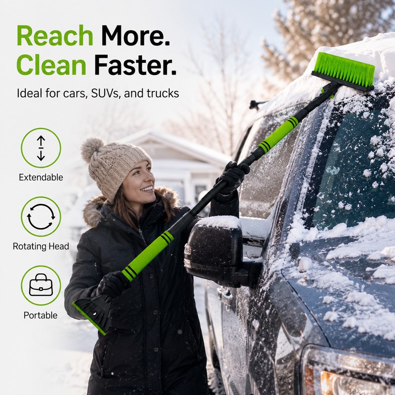 3-in-1 Extendable Snow Brush for Cars – 50-Inch Rotating Ice