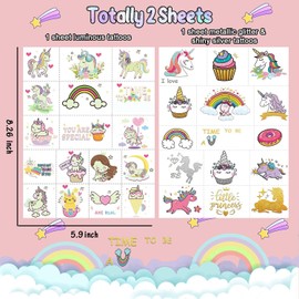 Leesgel Temporary Tattoos for Kids - Unicorn Fake Tattoos for Birthday Decorations, Party Favors, Prizes for Classroom, Stocking Stuffers and Gifts (32 Styles: Luminous & Metallic Glitter)