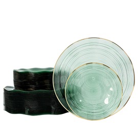 100PCS Green Plastic Plates-Crystal Design Green Wave Disposable Plates with Gold Rim, Fancy Disposable Plates Include 50 Dinner Plates, 50 Dessert/Salad Plates for Party & Christmas
