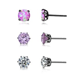 3 Pairs Stud Earrings Set, 14k Black Gold Plated Purple Opal Studs Hypoallergenic Stainless Steel Cubic Zircon Stud Earrings CZ Diamond Earrings for Women Men for Sensitive Ears