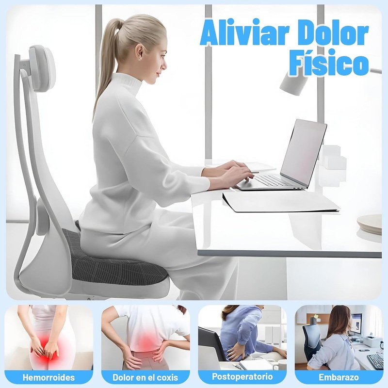 Cojin Ortepedico de Memory Foam para Asientos con Base Antideslizante,