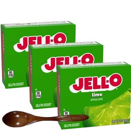 Jell-O Gelatin Dessert Mix - 3 oz Boxes (Pack of 3) - With Candy Freezer Wooden Spoon (Lime) - Wooden Spoon