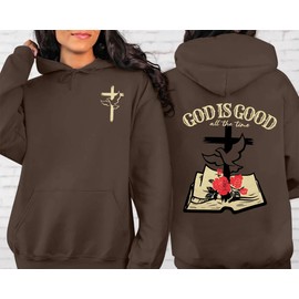 MAXIMGR Christian Sweatshirts for Women God Is Good Hoodies Oversized Jesus Religious Sweater Bible Verse Pullover Tops Brown