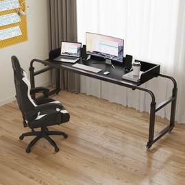 King Queen Bed Table with Wheels - Over Bed Desk & Laptop Table (Black)