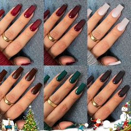 6 Packs Press On Nails Medium Long, KQueenest Acrylic Press On Nails Square, Medium Fake Nails Press Ons, Dark Color Glue On Nails Medium Coffin for Women Christmas Winter Gift 144 Pcs