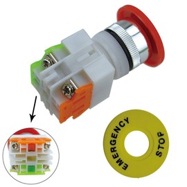 YQBOOM 2pcs 22mm Mounting Hole Latching Emergency Stop Push Button Switch Red with 60mm Emergency Stop Sign 1NO 1NC