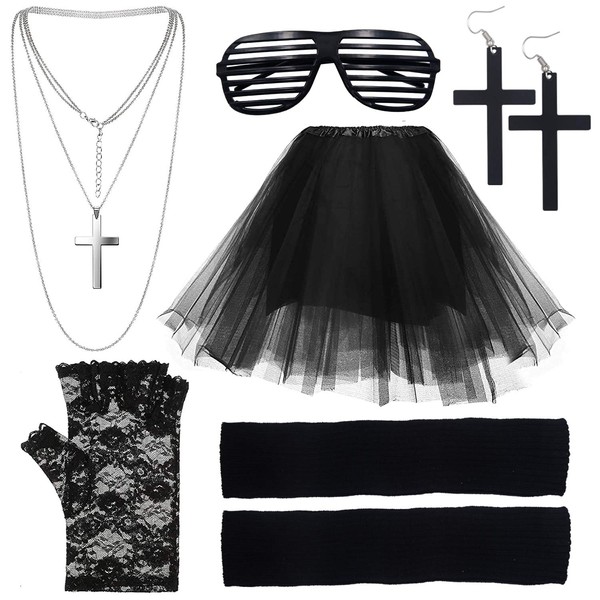 EuTengHao 80s Women's Costume Outfit Accessories Set Includes Tutu Skirt Stripe Glasses Lace Gloves Leg Warmers Crucifix Earrings and Necklace (Black)