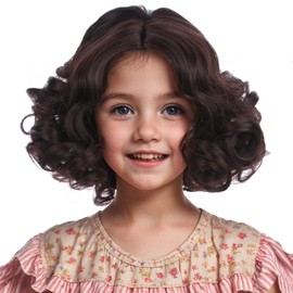 PATTNIUM Kids Brown Wig Girls Short Curly Brown Wig Child Dark Brown Wig with Green Glasses Synthetic Wig with Wig Cap