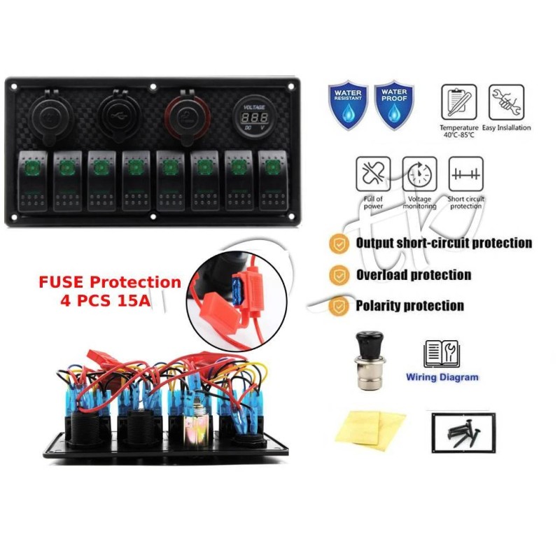 LLD_TK 8 Gang Toggle Switch Panel Breaker Green LED Voltmeter