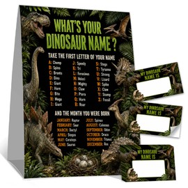 What's Your Dinosaur Name Game, Jurassic Dinosaur Party Game Card, 1 Sign with 30 Name Stickers, Birthday Holiday Party Decorations Supplies for Boys Girls