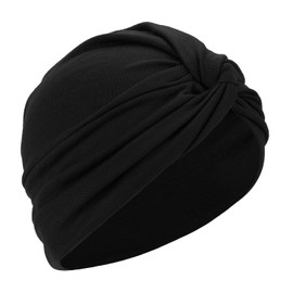ITODA Turban Women's Fashion Cap African Headscarf Head Wrap Hat Pre-Tied Knot Sleeping Hat Cotton Turban Hat Elasitic Sleep Hat Pleated Headwear for Hair Loss Sleeping Leisure, black