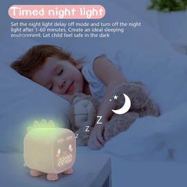 Kids Alarm Clock,Cute Dinosaur Alarm Clock Children's Sleep Trainier,with Night Light,time Voice Broadcast,Snooze Mode,Temperature,Countdown,Dual Alarm Clock,for Boys Girls Best Birthday Gifts (Pink)