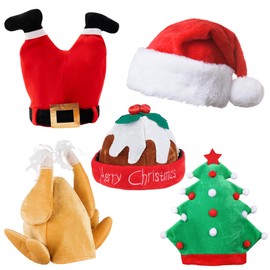 Novelty Christmas Hats Pack - Contains Santa Hats, Christmas Turkey Hat Adult, Christmas Pudding Hat Adult, Christmas Tree Hat - Christmas Accessories to Wear as Christmas Novelty Hats for Adults (5)
