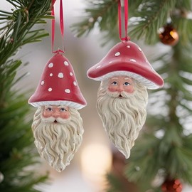 The Bridge Collection Santa Head with Mushroom Hat Ornaments - Set of 2 - Mushroom Themed Santa Claus Ornaments for Holiday Decor - Nature Santa Christmas Ornament