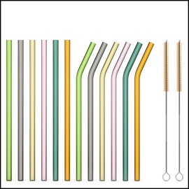 Sir Finley Monkey Glass Straws Long (Pack of 12) - Glass Straws Reusable, Dishwasher Safe - 20 cm Straight & Curved Colourful