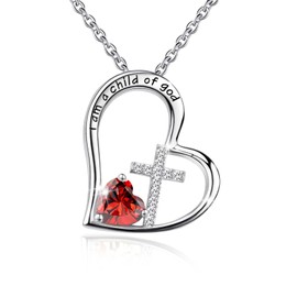 Bengnkes BG 925 Sterling Silver I Am a Child of God Cross Pendant Necklaces for Women, Jan and Jul Birthstone Red Heart Necklace Communion Goddaughter Christian Baptism Gifts